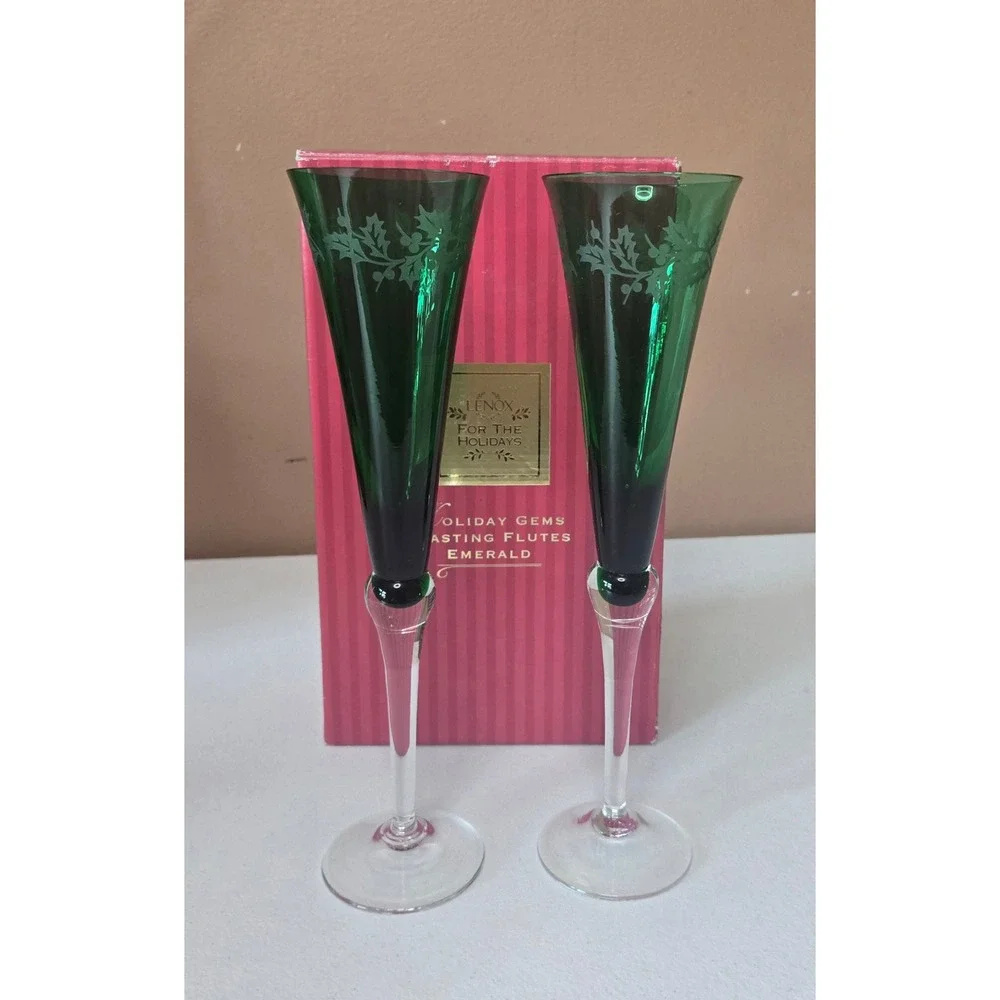 Lenox‎ Holiday Gems Emerald Toasting Flutes Set of 2 Green Crystal Boxed 1998